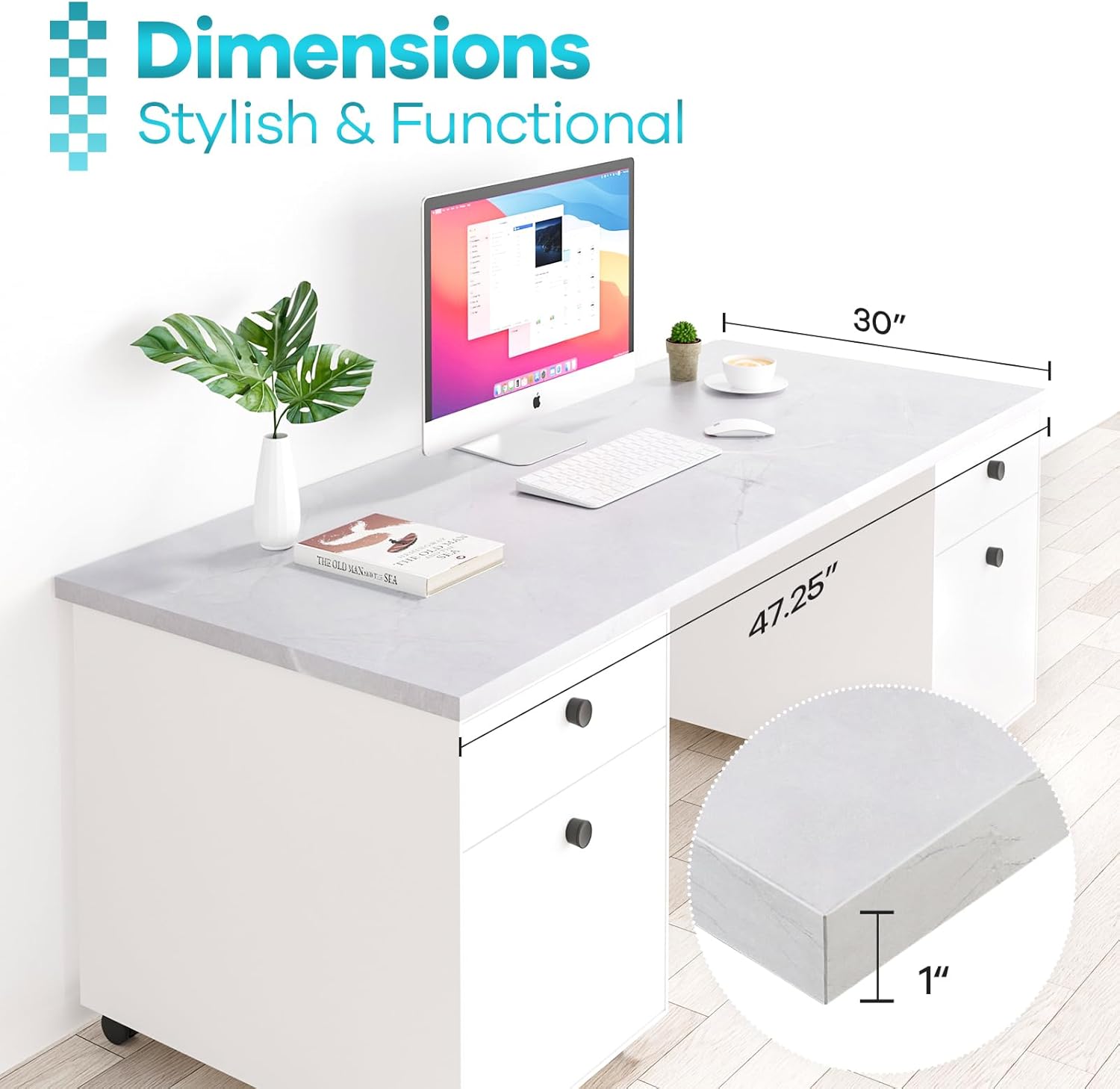 Kaboon 48x30 inches Tabletop, Solid One-Piece Desktop for Sit Stand Desk, Double Desks, L Desk DIY,Wood Countertop Home or Commercial Use,1 inch Thick, White Rock, 30" D x 47.25" W