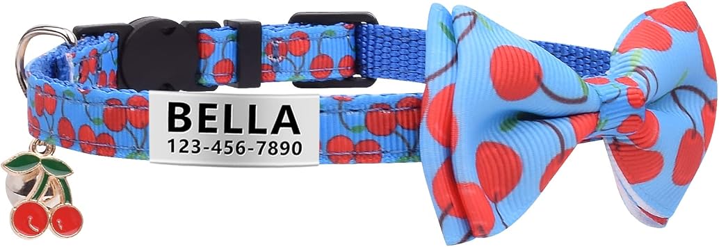 LaReine Personalized Breakaway Cat Collar with Bell & Bow Tie, Stainless Steel Slide-on Pet ID Tag Engraved with Name & Phone Numbers, Customized - 7"-11" Neck, Cherry