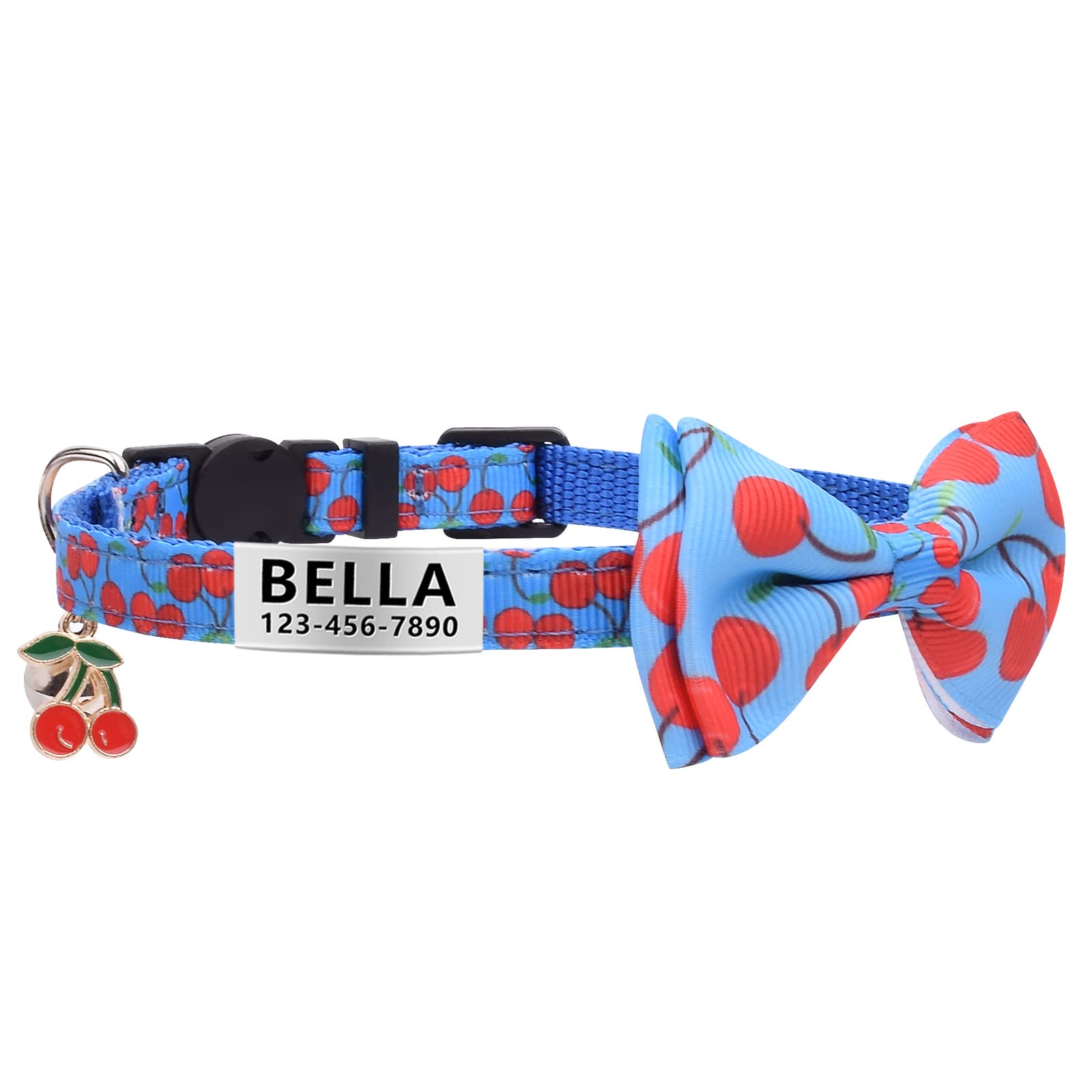 LaReine Personalized Breakaway Cat Collar with Bell & Bow Tie, Stainless Steel Slide-on Pet ID Tag Engraved with Name & Phone Numbers, (Customized - 7