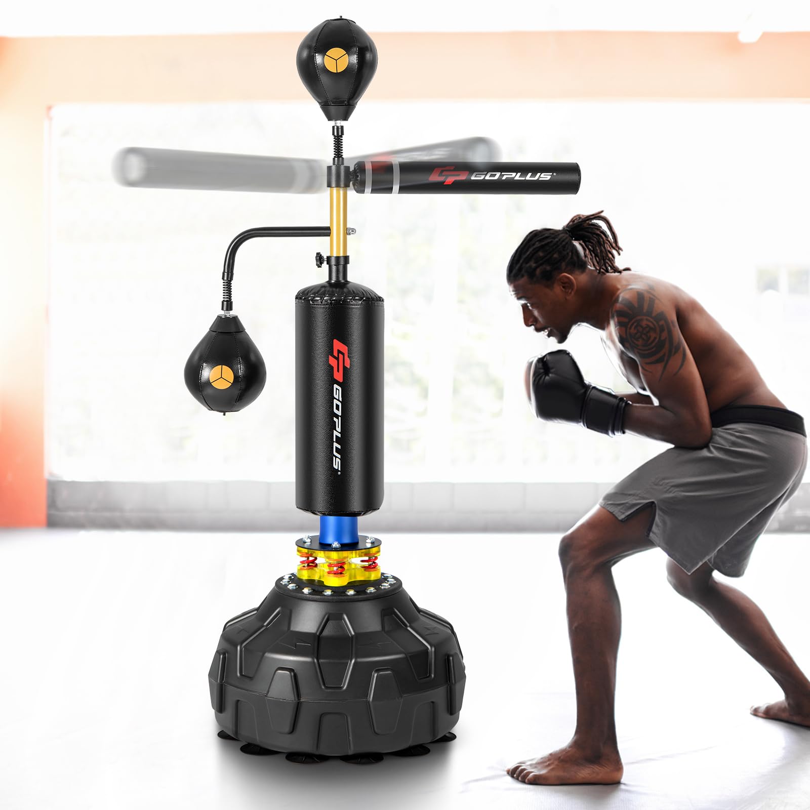 GOPLUS Saco de Boxeo de Pie Profesional, Entrenador de Velocidad de Boxeo con Soporte, 2 Peras de Velocidad, Barra Giratoria, Equipo de Fitness de Altura Ajustable, Base Rellenable para Adulto