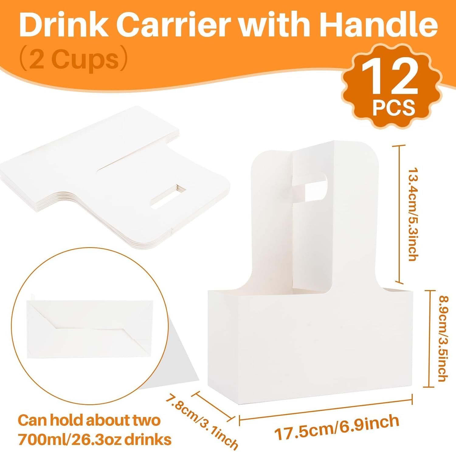 MAQIHAN 2 Cup Drink Carrier with Handle - 12Pcs Disposable Paper Cardboard Coffee Cup Holder Portable Drink Caddy Cup Carriers to go Cup Holder Food Delivery Accessories for Hot/Cold Drinks (White) - Image 2