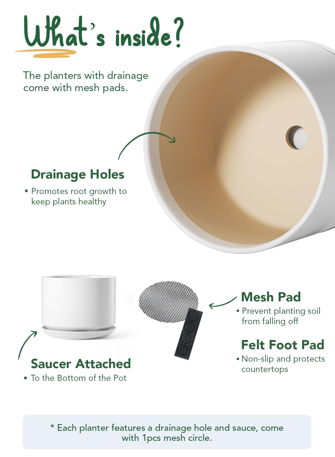 LE TAUCI Keramik Blumentöpfe, 20 cm Übertopf mit Drainageloch & Integrierter Untersetzer, Moderne Minimalistische Pflanzgefäße für Zimmerpflanzen, Weiß