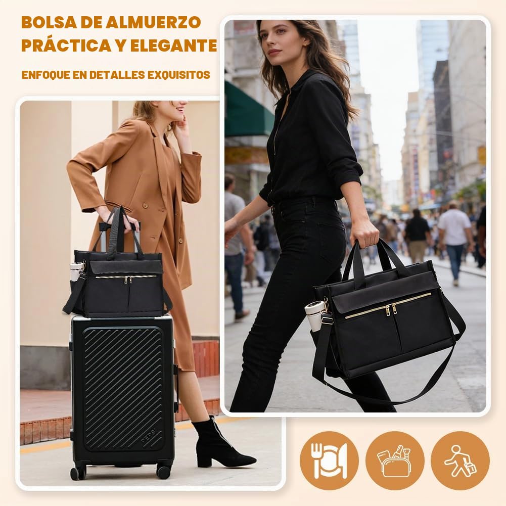 Newou Bolsa de almuerzo para mujer de 15,6 pulgadas con compartimento aislado para el almuerzo, bolsa de negocios 2 en 1 con compartimento frigorífico, bolsa de trabajo impermeable para