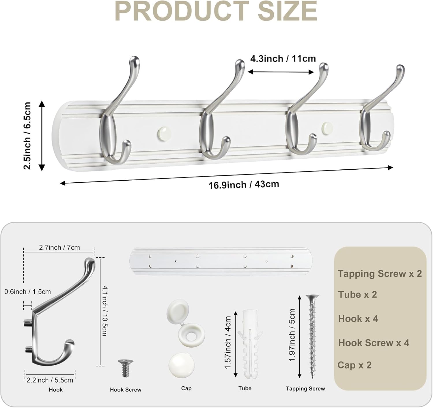 Yundoza Coat Hooks Wall Mount, Wood Bamboo Wall Coat Rack with 4 Metal Hooks for Hanging Clothes, Towels, Keys, Bags(White&Brushed Nickel) White&Brushed Nickel 4 Hooks