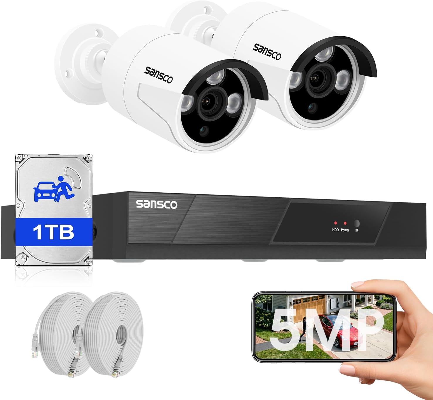 8CH NVR 3K PoE CCTV Camera System Outdoor with 1TB Hard Drive, 24/7 Audio Recording, 2 X 5MP Wired Home Security PoE IP Camera, Face/Human/Vehicle Detection, Color Night Vision, Remote Access