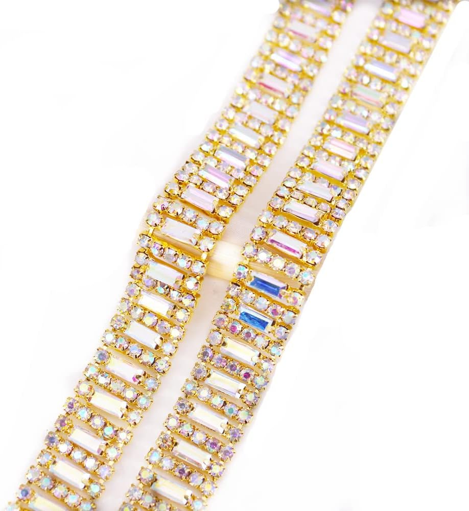 1 Yard Delicate Rhinestone Trimming Crystal Ribbon Chain for Sewing Craft Wedding Bridal Belt Decoration (Gold AB)