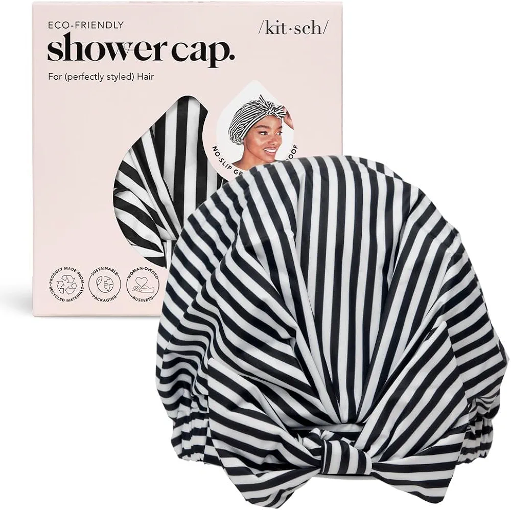 Kitsch Luxury Shower Caps for Women Reusable Waterproof - Large Shower Cap for Women and Men, Non-slip, Quick-dry Hair Cap for Long & Short Hair, Comfortable and Stylish Design - Stripe