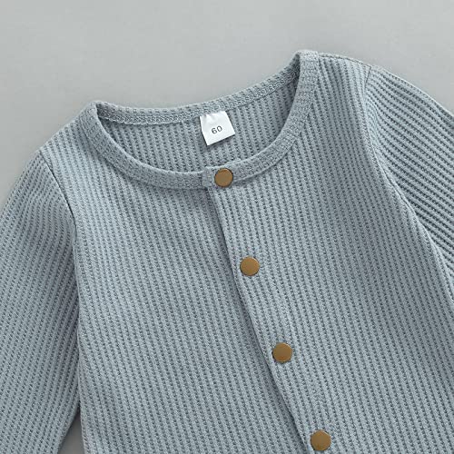 Newborn Infant Baby Boy Girl Fall Winter Clothes Long Sleeve Button Waffle Knit Footed Romper Hat 2Pcs Outfit4