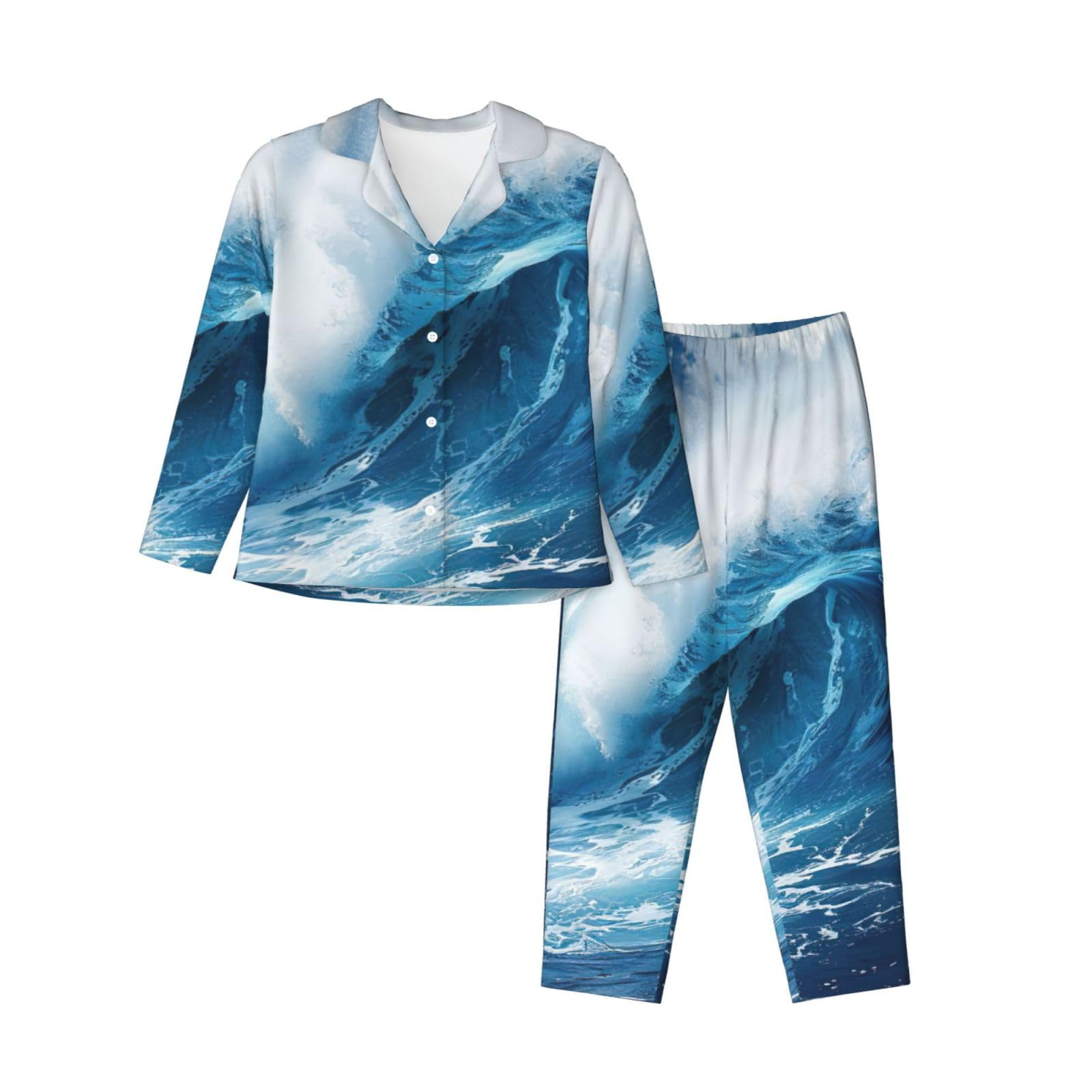 Pyjama vagues de l'océan ensemble de nuit manches longues imprimé bleu - 8