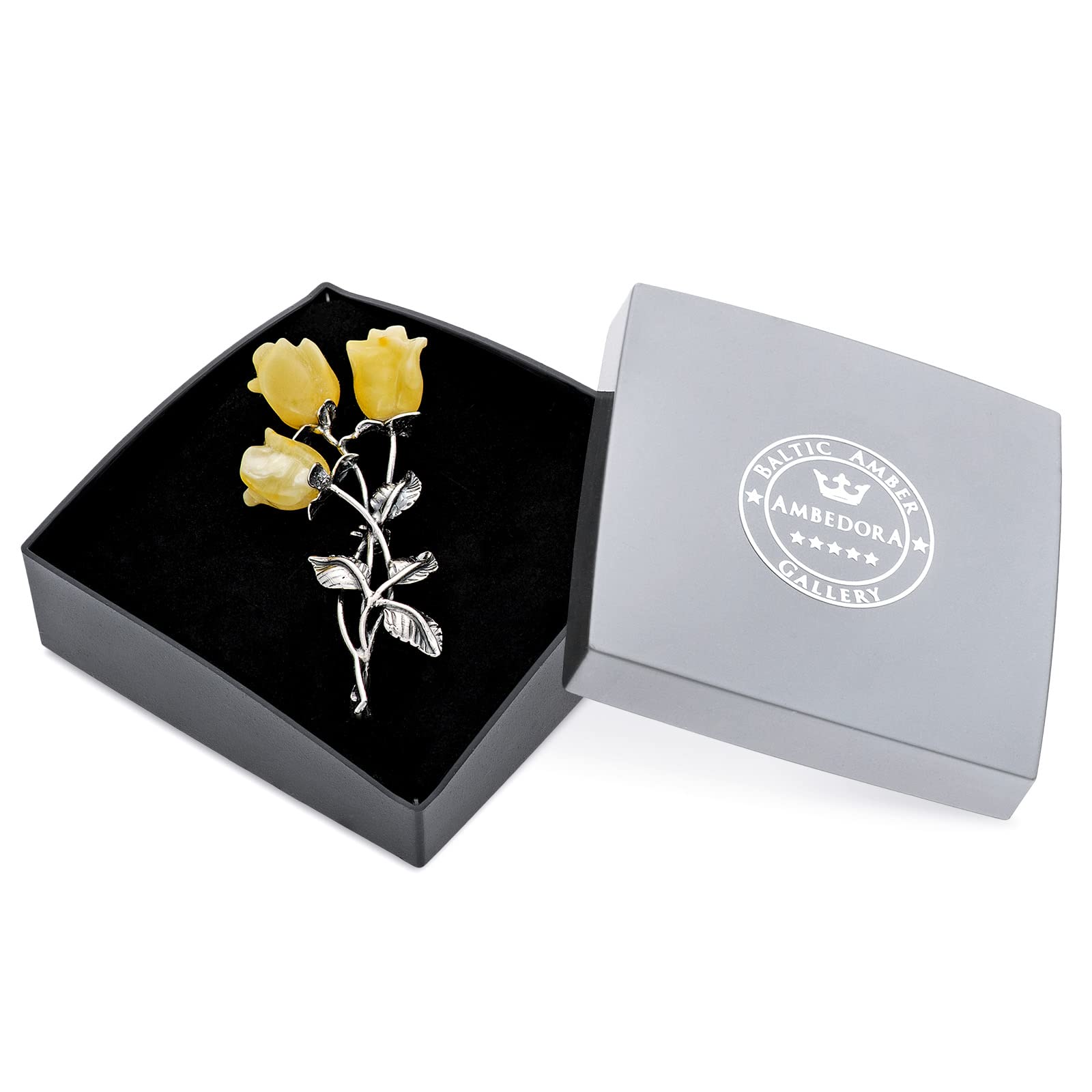 Spilla in argento 925 Ambra baltica Latte Rose gialle Regalo per signore