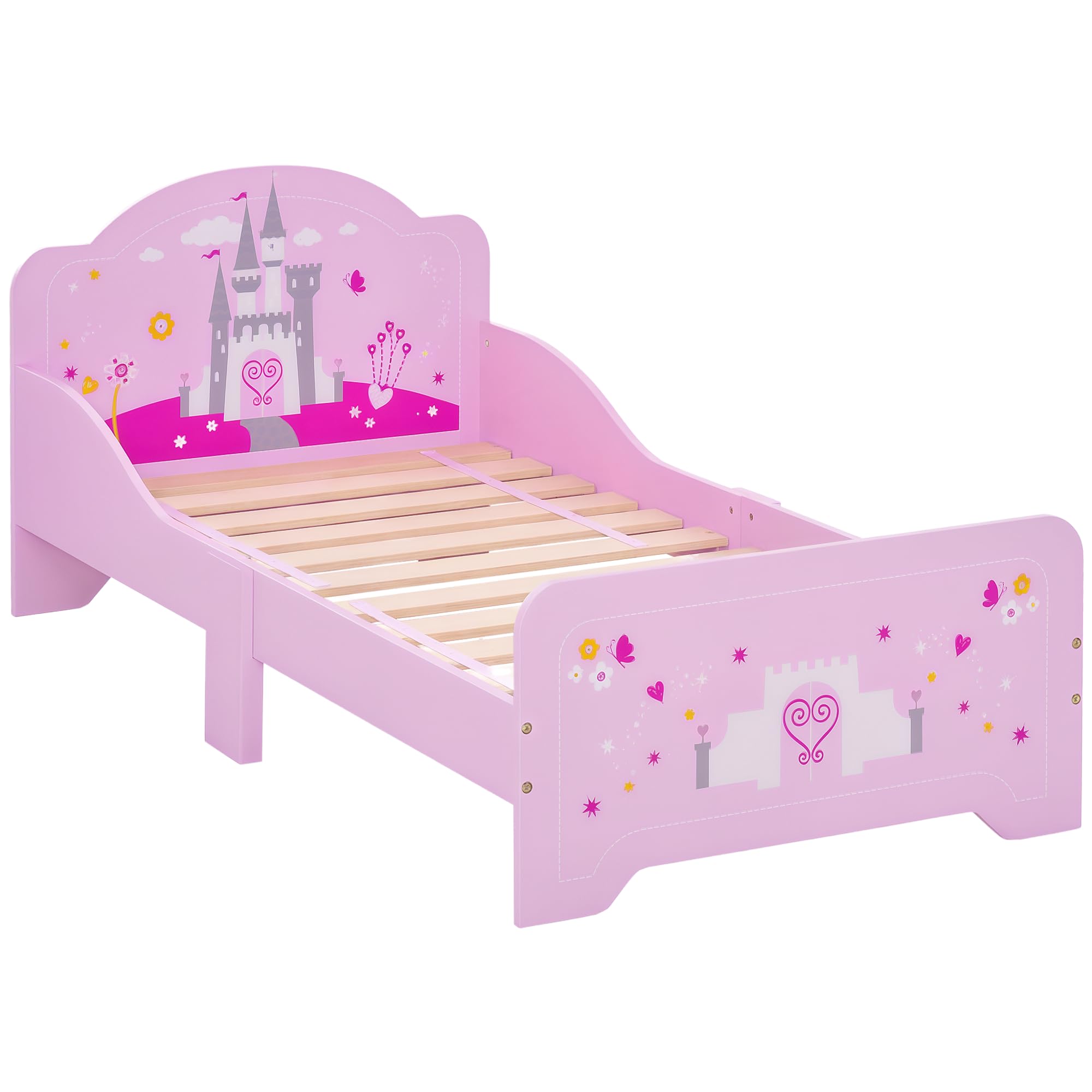 HOMCOM Lit Enfant 140 x 70 cm Design Princesse Sommier À Lattes Rose | Lit D'Enfant, Motif Château, MDF Contre-Plaqué