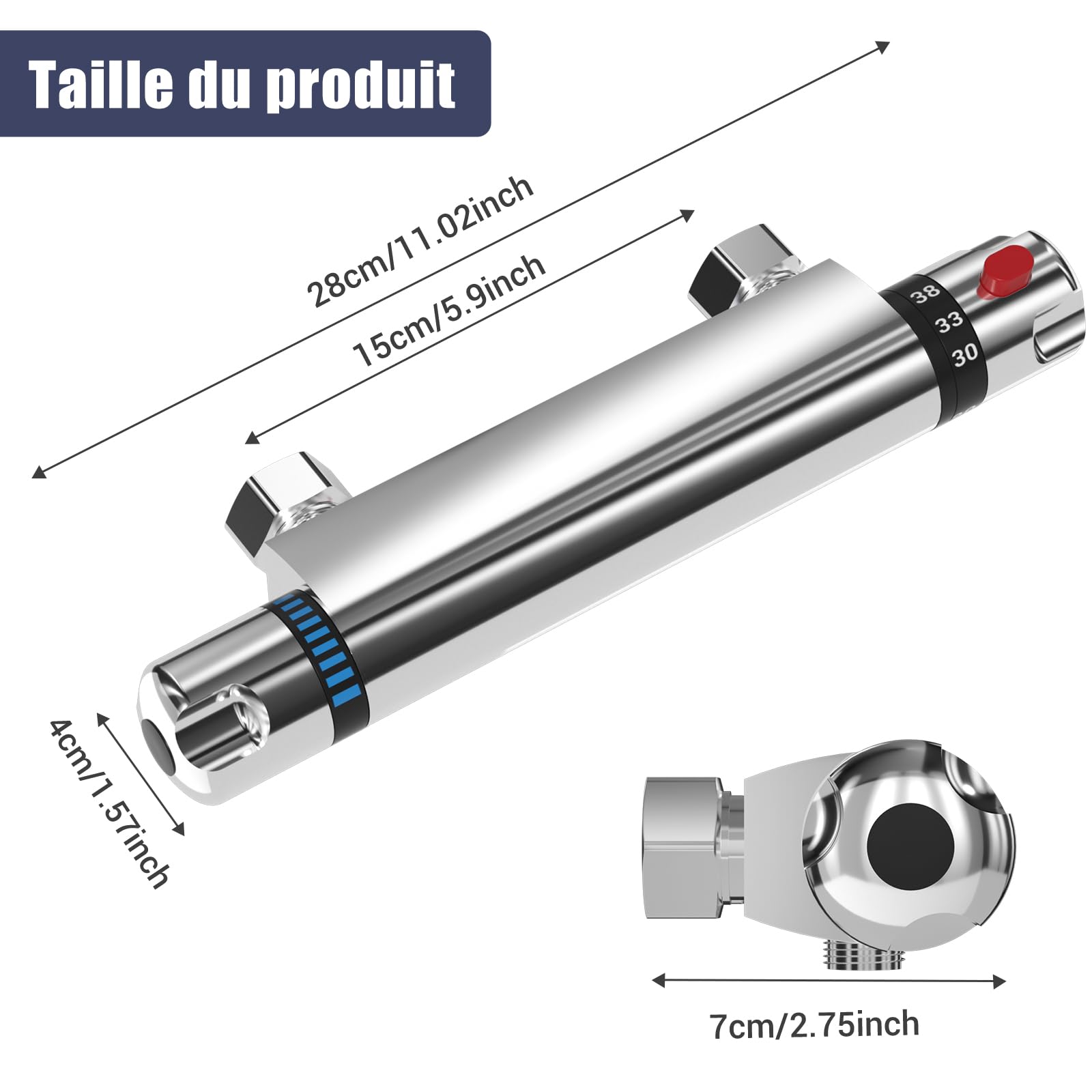 LADOKEE Mitigeur Douche, Robinet Thermostatique Douche avec Bouton de Sécurité 38 °C, Anti-brûlure, Entraxe 150mm, Raccord G 1/2, Laiton, Température Réglable 20-50°C, Chromé, pour Salles de Bains