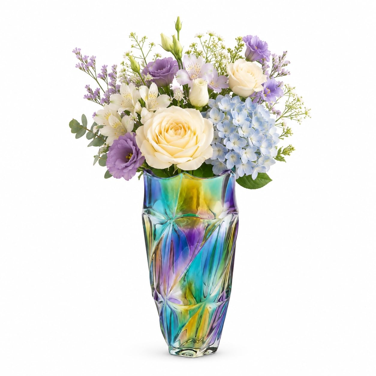 Iridescent Glass Vase Decorative Flower Holder Rainbow Glass Modern Nordic Design Cut Crystal Style - Large 9.6 inch Aesthetic Home Decor Centerpiece for Living Room Table Wedding Gift