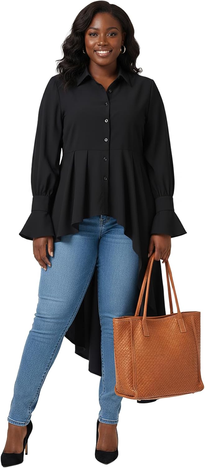 Umenlele Women’s Button Down Long Sleeve Asymmetric Ruffle High Low Hem Blouse Shirt Top - Image 6