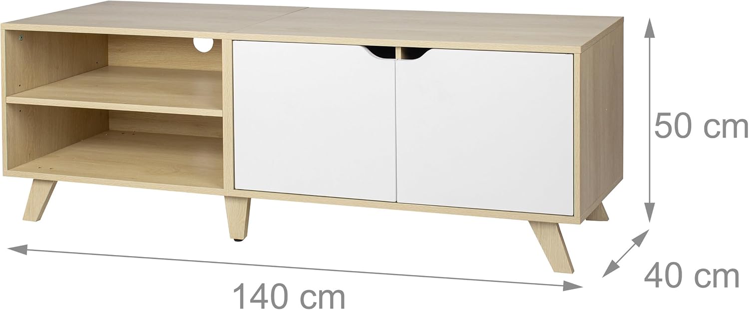 Relaxdays TV Lowboard, 6 Compartments, TV Cabinet up to 60 Inches, HBT 50 x 140 x 40 cm, TV Stand with Cable Management, Natural/White