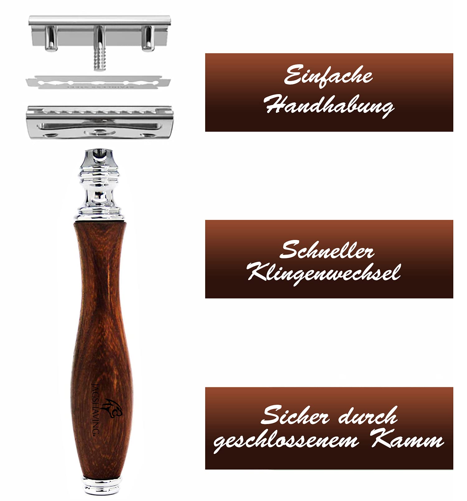 Jag Shaving - Set da barba sostenibile, 3 pezzi, in legno, pennello da barba con setole sintetiche, rasoio con lametta a doppio filo da donna e da uomo, piedistallo