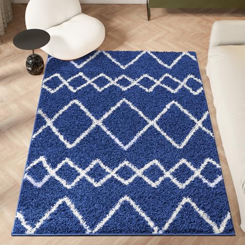 Image of homeart Area Rug - Super Soft Geometric Shaggy Rugs For The Living Rooms, Bedrooms And Kitchen - Modern, Easy To Clean Carpet(Herringbone Navy - 120x170 cm)