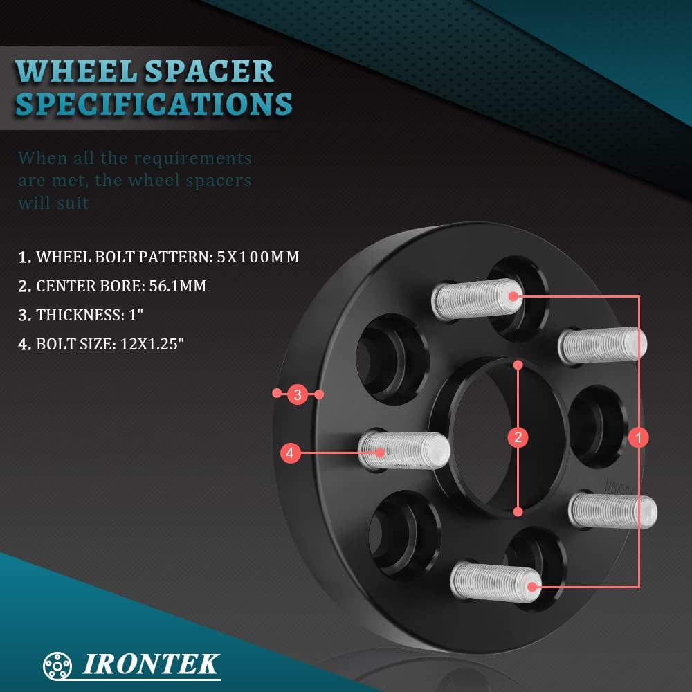 IRONTEK 1" 5x100mm to 5x100mm Wheel Spacers Hubcentric Spacers Adapter [Hub Bore 56.1mm, Thread Pitch 12x1.25] Fit for Subaru 92-19 Impreza/89-14 Legacy/00-13 Outback, for Scion FR-S, for Saab 9-2X