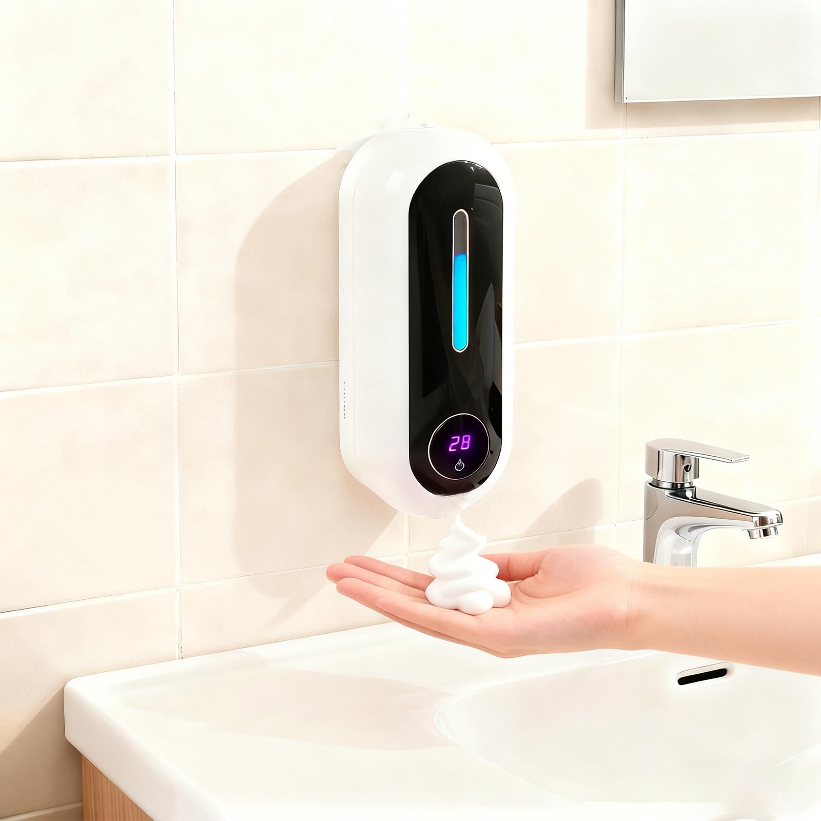 Automatic Soap Dispenser, Smart Wall-Mounted Foam Soap Dispenser with Temperature Display &amp; Long-Last Battery, 450ML Large Capacity, 3 Modes for Kitchen Sink and Bathroom (Blackwhite)