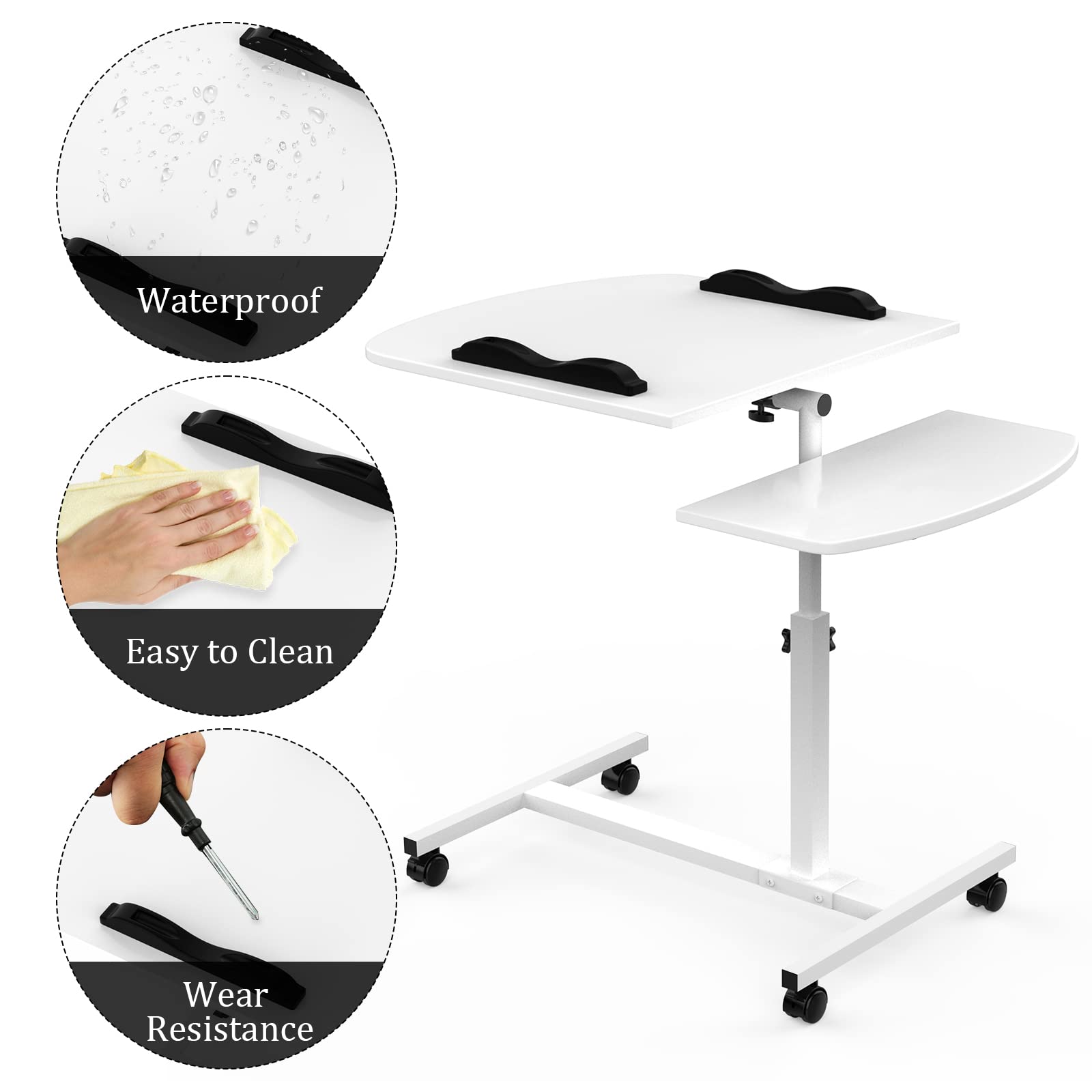 Mesa Auxiliar para Ordenador portátil, Mesa Auxiliar con Ruedas, Mesa Auxiliar Sofa y Cama, Mesa Auxiliar Regulable en Altura 61,5-95cm, Escritorio pequeño móvile, 61,5-95x60x40 cm, Blanco
