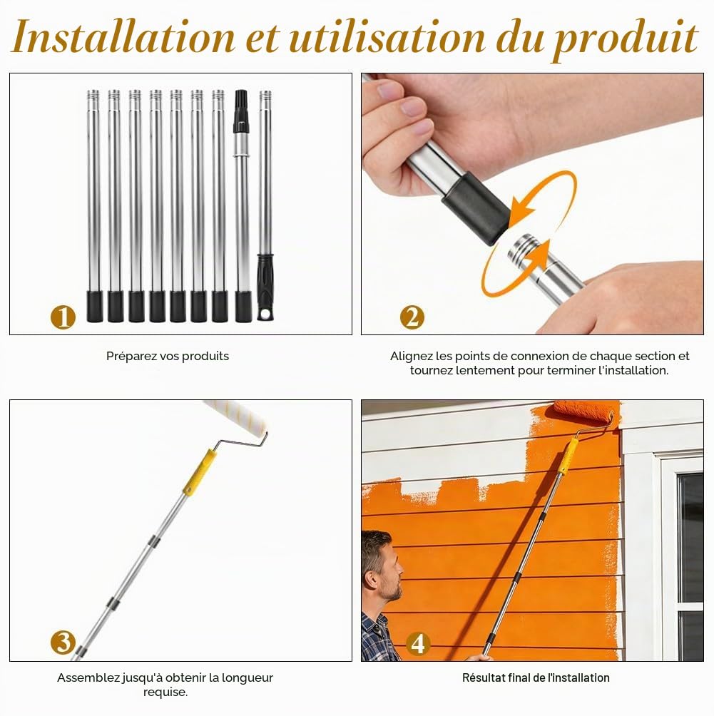Yuragim Barre télescopique de 3,6 m - Barre d'extension en 9 pièces - Barre télescopique - En acier inoxydable - Pour rouleau de peinture, rouleaux de peinture, outils de peinture, manche télescopique