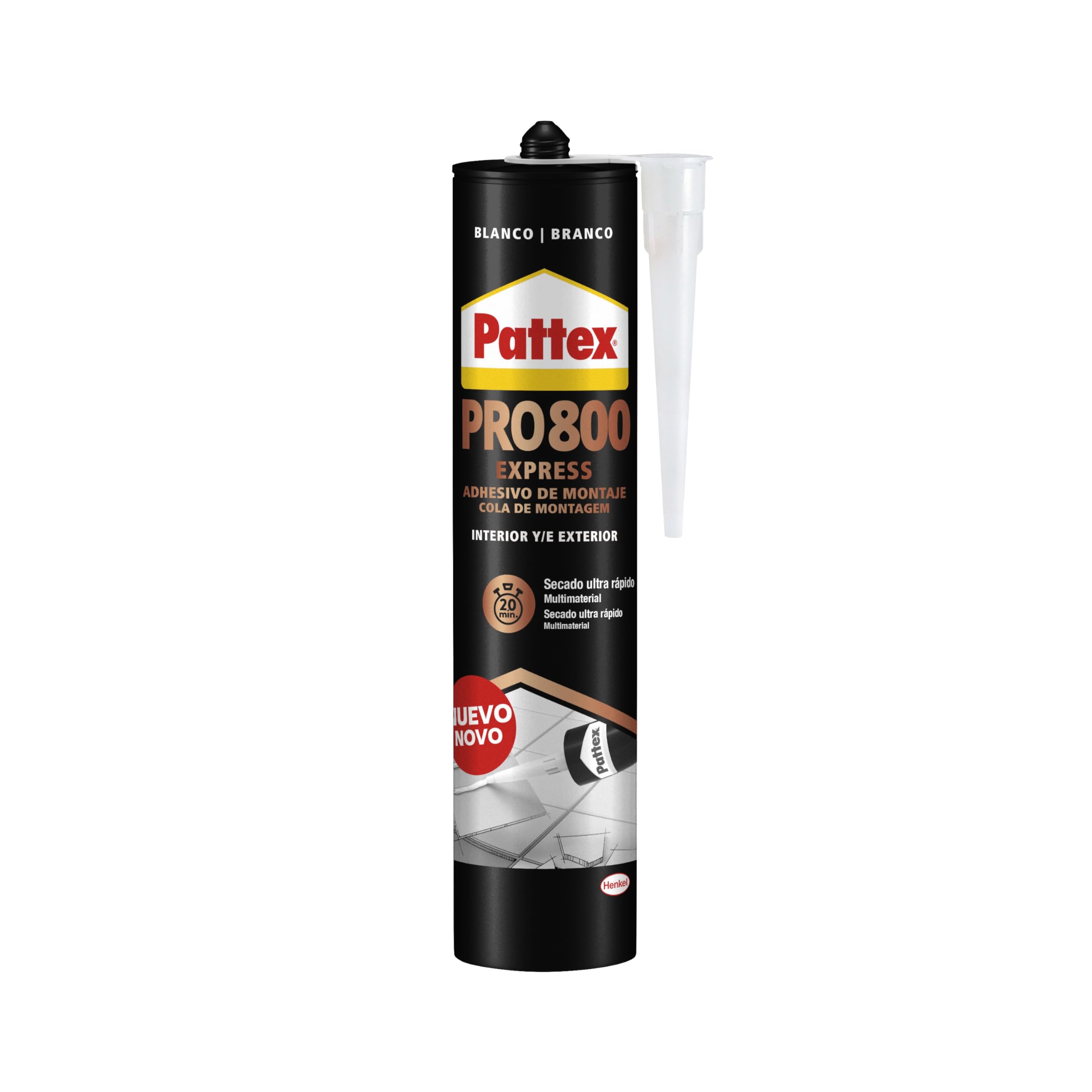 Pattex Blanco Pro800 Adhesivo De Montaje Para Interiores Y Exteriores, Pegamento Extrafuerte Multimaterial, Pegamento Fuerte De Secado Ultrarrápido, 1 Cartucho X 390 G