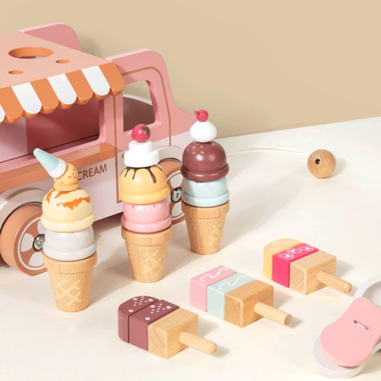 Carrello Gelato Giocattolo Bambini Set Gioco Finto Banco Pasticceria Dessert Legno Educativo Interattivo Narrazione Creativa Abilità Sociali Adatto per Gioco in dei Bambini Regali