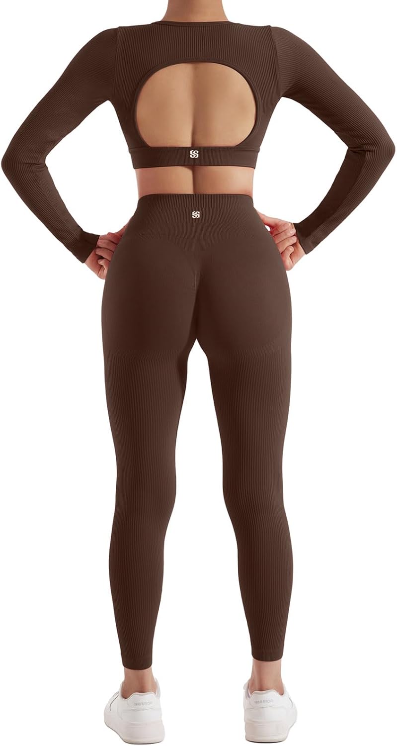 SUUKSESS 2 Piece Workout Sets for Women Long Sleeve Gym Sets Woman Butt Lifting Leggings Open Back Crop Tops - Image 4