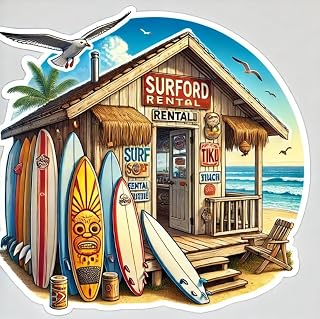 Laptop Wall Car Window Bumper Sticker Decal Truck Waterproof Auto Water Bottle Surfboard Shack with Tiki Signs and Ocean View Beach Rental Vibes (4)