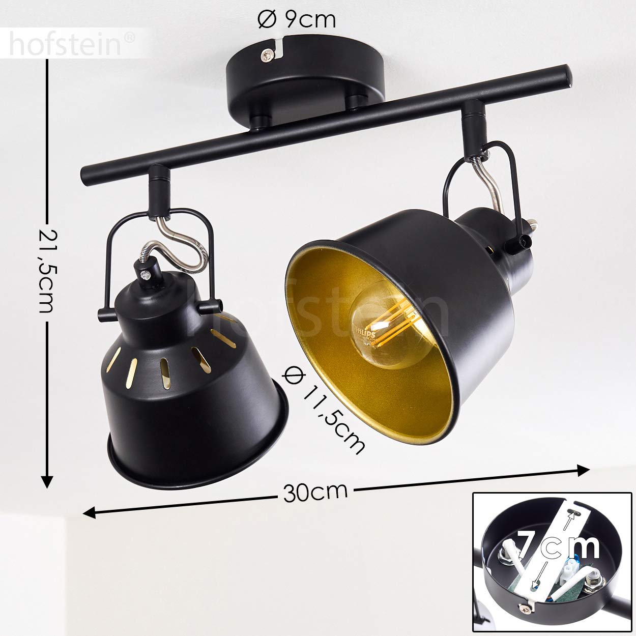Plafoniera Safari, plafoniera in metallo in nero/oro, 2 luci, con faretti regolabili, 2 x attacco E14, faretto in design retro/vintage, senza lampadina/e