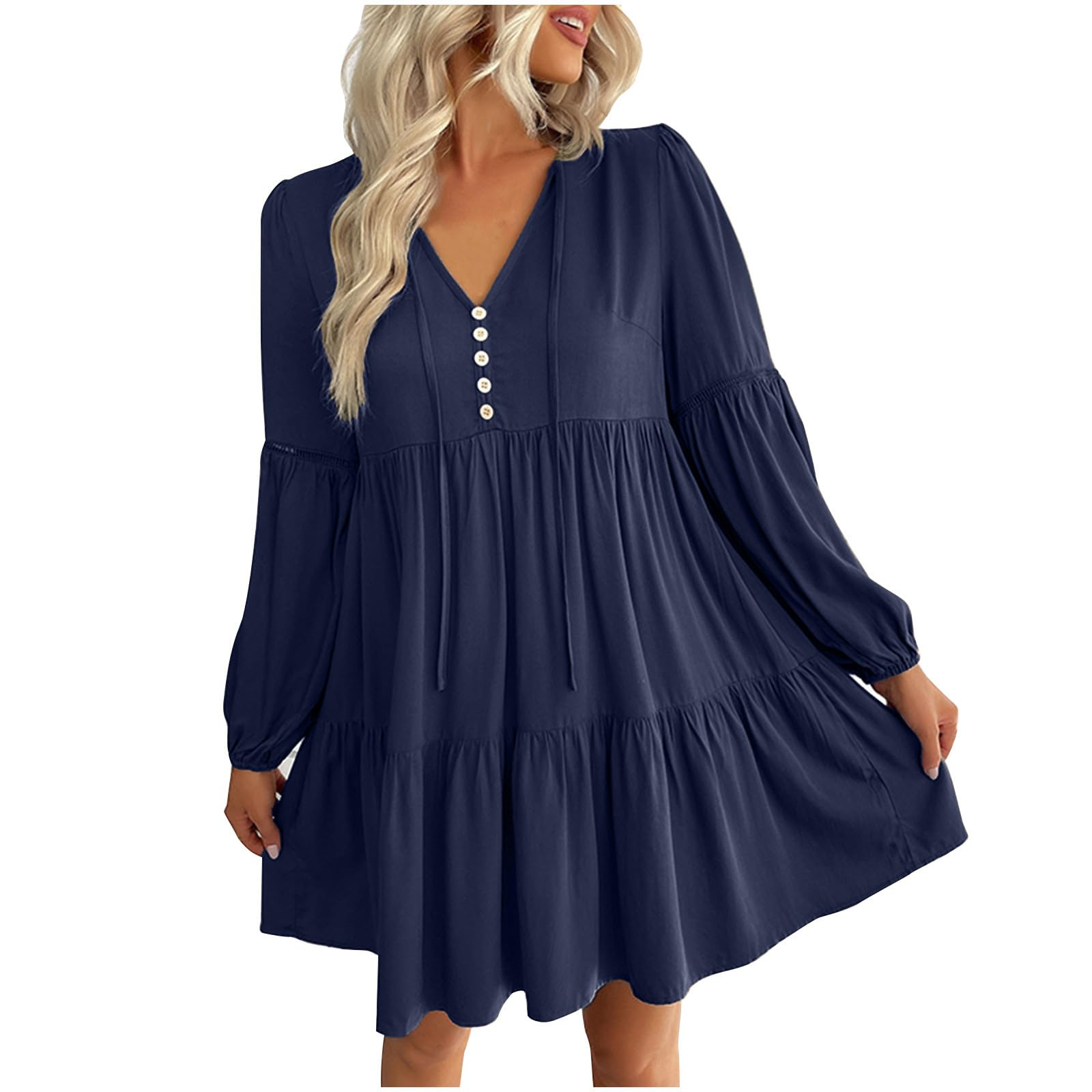 YolokeSolid Color Dresses Buttoned Long Sleeve Fashion Smocked Tiered Dresses for Women Sale Clearance UK Ladies Mini Short Party Club V Neck Dresses Dance Ballroom Fallow Flowy Loose Dresses