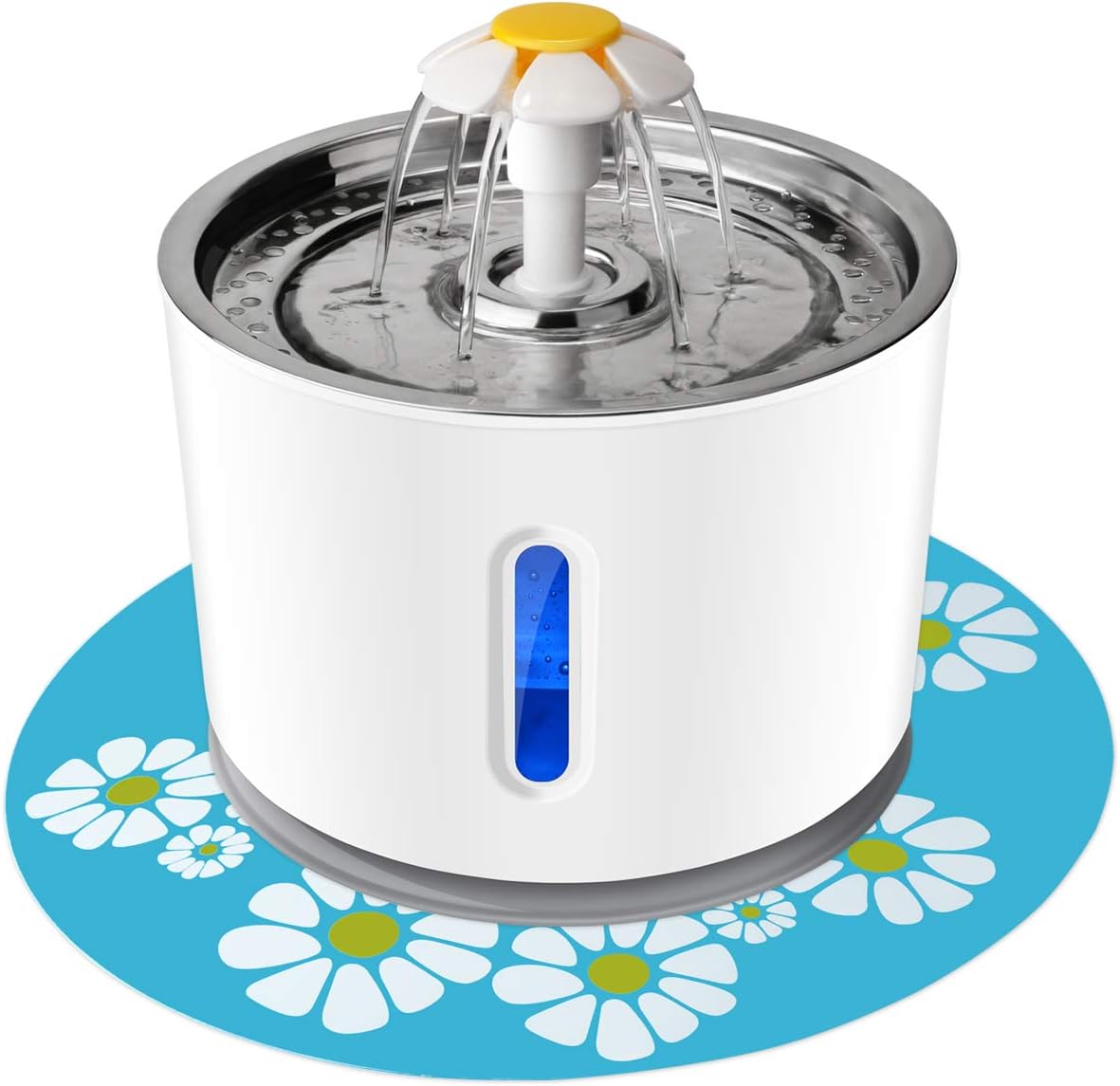 Lmlly Pet Fountain Stainless Steel, 2.4L Automatic Cat Water Fountain Dog Water Dispenser with LED Indicator & 1 Silicone Mat for Cats Dogs, Auto Power-Off, Multiple Pets (with Flower)