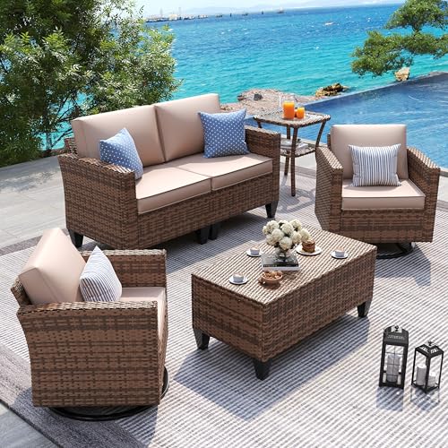 Image of UDPATIO Patio Furniture Set, 5 Pieces Outdoor Furniture Sets with Rocking Swivel Chairs, Wicker Rattan Patio Conversation Set with Storage Table and Waterproof Covers for Backyard Deck Porch, Khaki