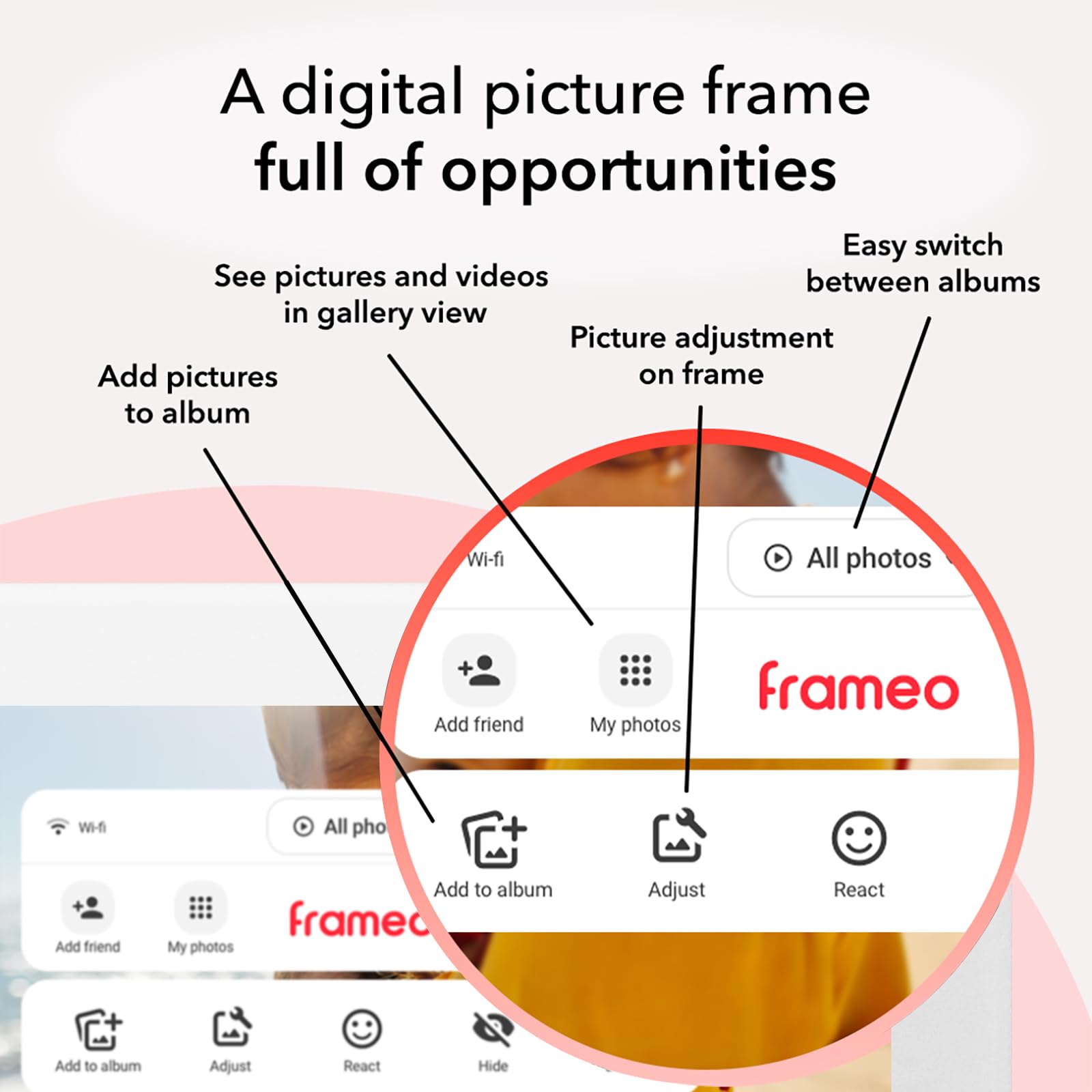 Frameo - Marco de Fotos Digital WiFi de 10.1 Pulgadas con Ranura para Tarjeta SD de 32 GB de Almacenamiento, visualización táctil IPS, rotación automática de Diapositivas, Compartir Videos
