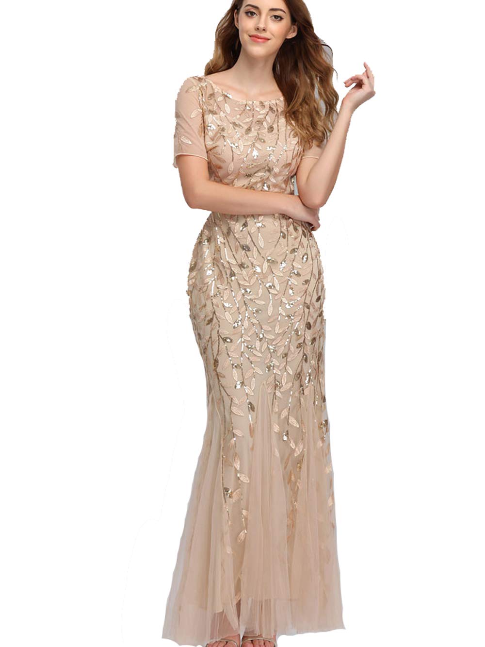 Womens Elegant Mermaid Short Sleeves Long Evening Dress