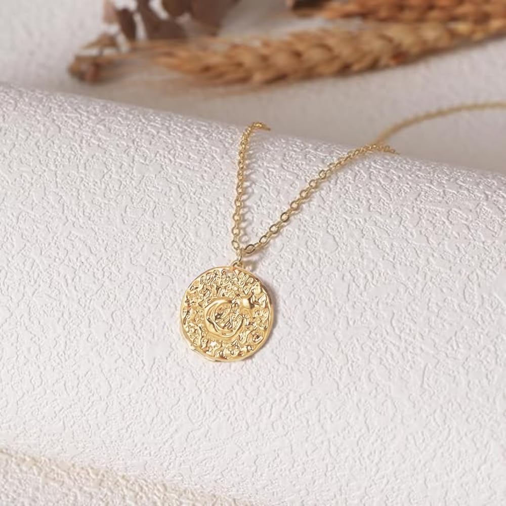 Gold Coin Pendant Necklace for Women – Vintage Moon & Star Embossed Design – 18K Gold Plated Stainless Steel – Dainty Celestial Jewelry Gift for Her - Image 5