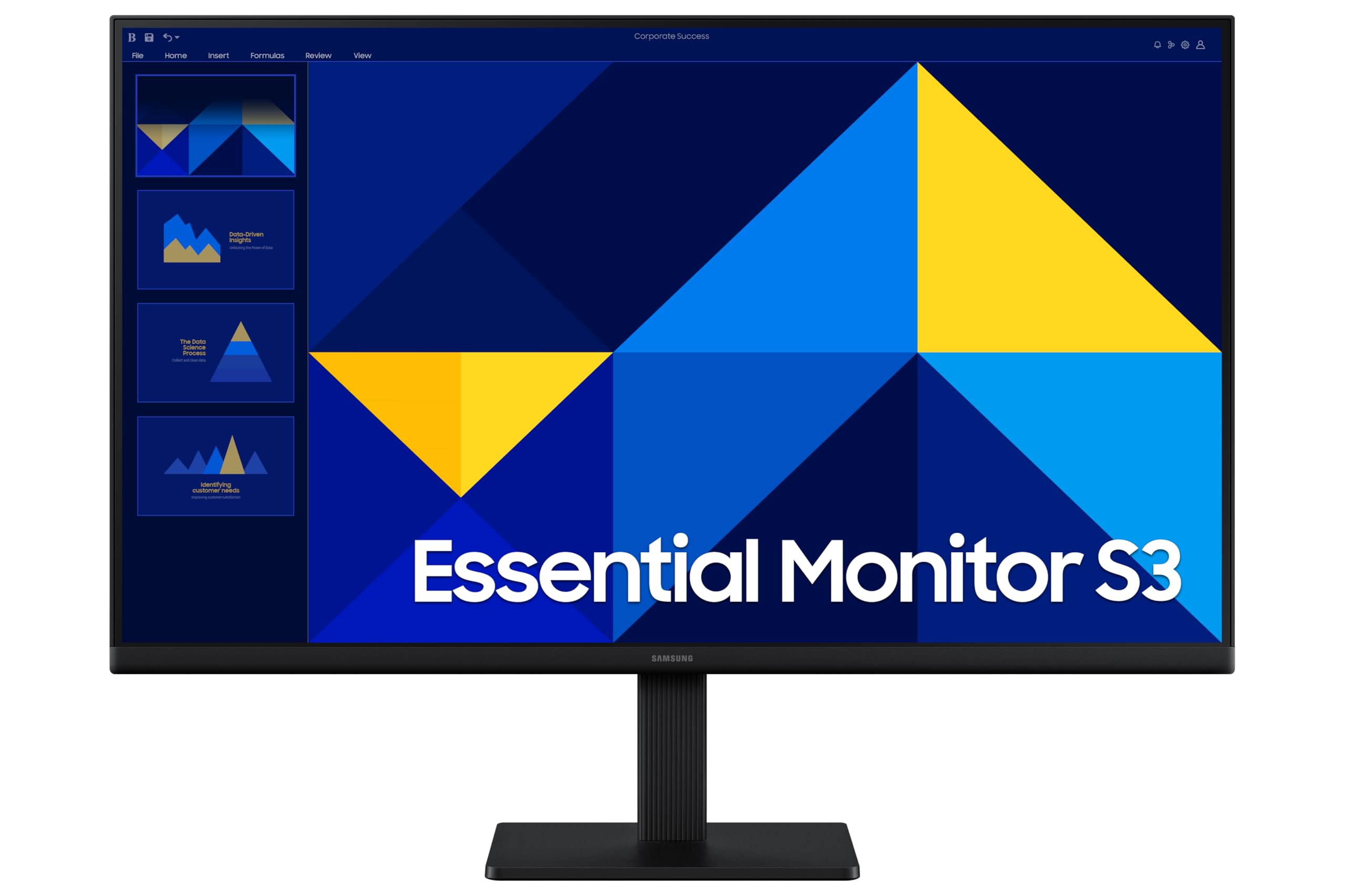 Ön view of the Samsung 27-inch monitor displaying a presentation