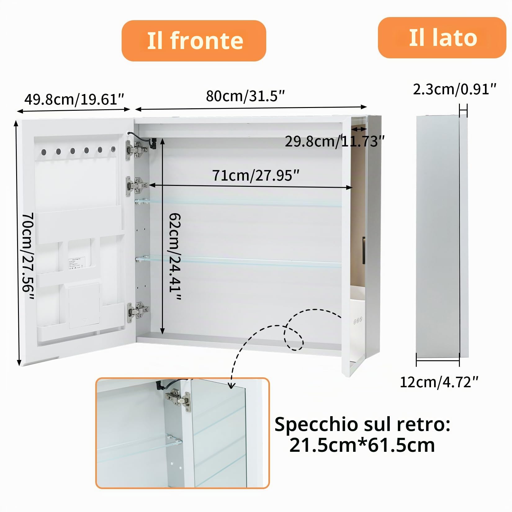 Bluetooth Specchiera Bagno Contenitore con Luce LED 80x70 cm: Mobile Bagno Specchio con Luce 2 Ante Presa Elettrica, Ripiani Regolabili, Antiappannamento, Dimmerabile 3 Colori Luce, Funzione Memoria