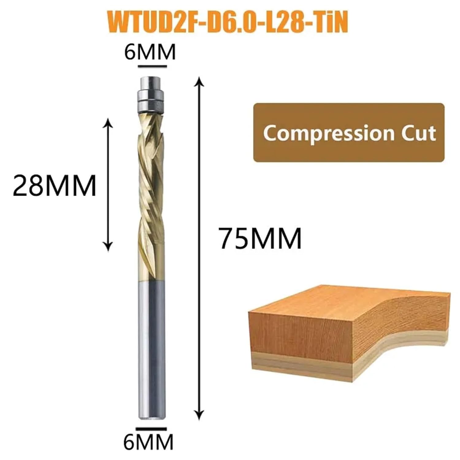 6MM 6.35MM 8MM Solid Carbide Bearing Guided Compression Milling Cutters Spiral Flush Trim Woodworking Trimmer Bit 1Pcs(WTUD2F-D6.0-L28-TiN)