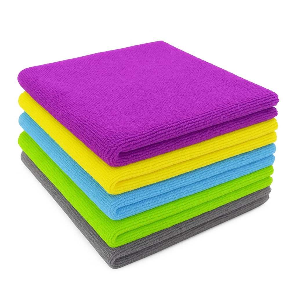 Shynova Microfiber Cloth - 5pcs - 40x40 cms - 350 GSM Multicolor Multipurpose Cleaning Cloths – Super Soft, Lint-Free & Reusable – Ideal for Car, Kitchen, Glass & Home Cleaning