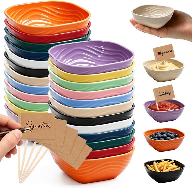 Plastic Dipping Bowls, 24 Pack with 50 Food Flags, 5 Oz Microwave Safe