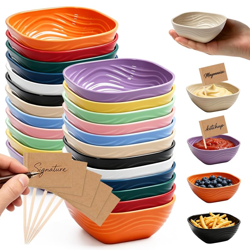 Plastic Dipping Bowls, 24 Pack with 50 Food Flags, 5 Oz Microwave Safe - image 1