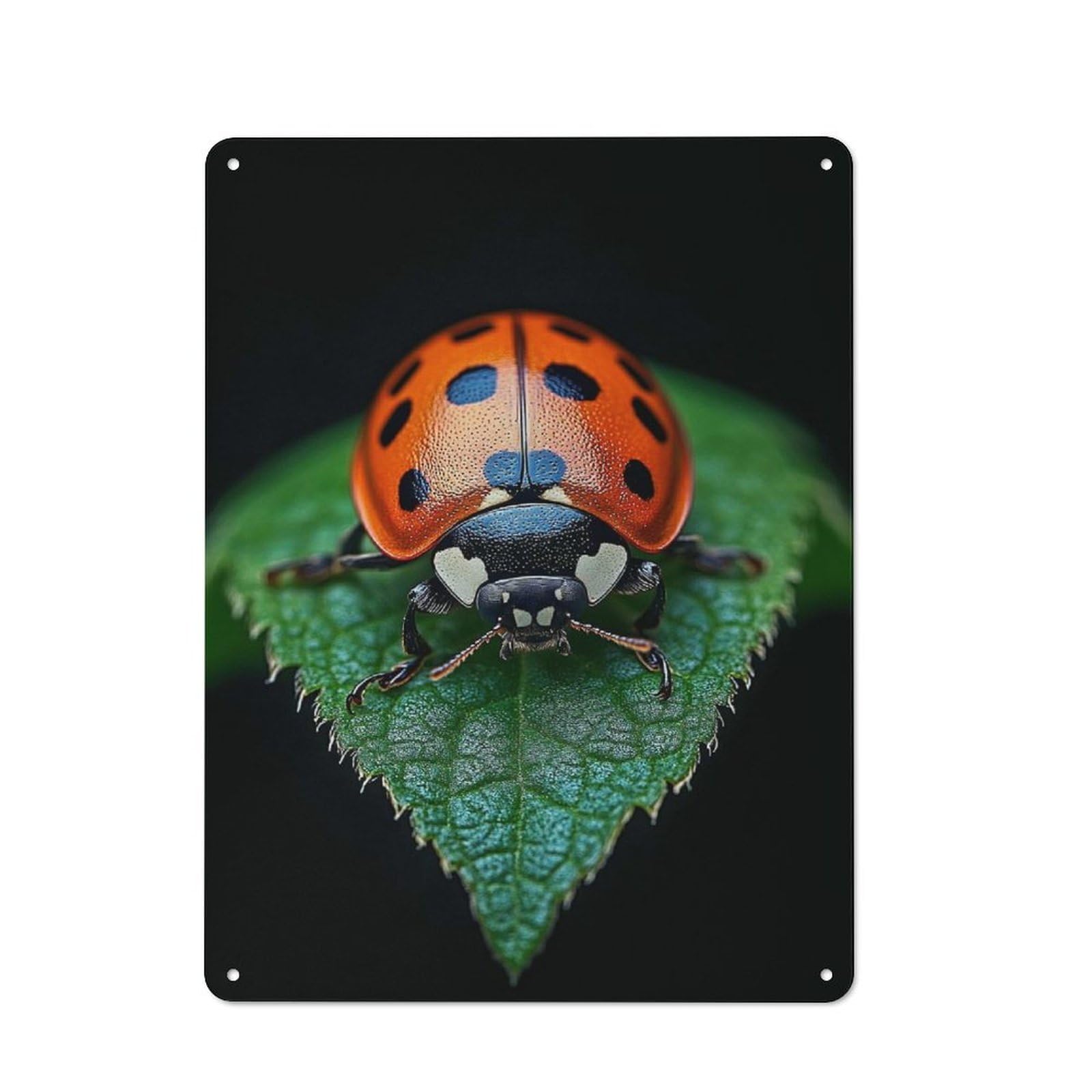 Junmoney Style-18 Metal Sign 40X30cm With Ladybug On Leaf Macro Shot For Pub Or Café, Vintage Decor, For Metal Sign Collectors, For Garage And Workshop Walls