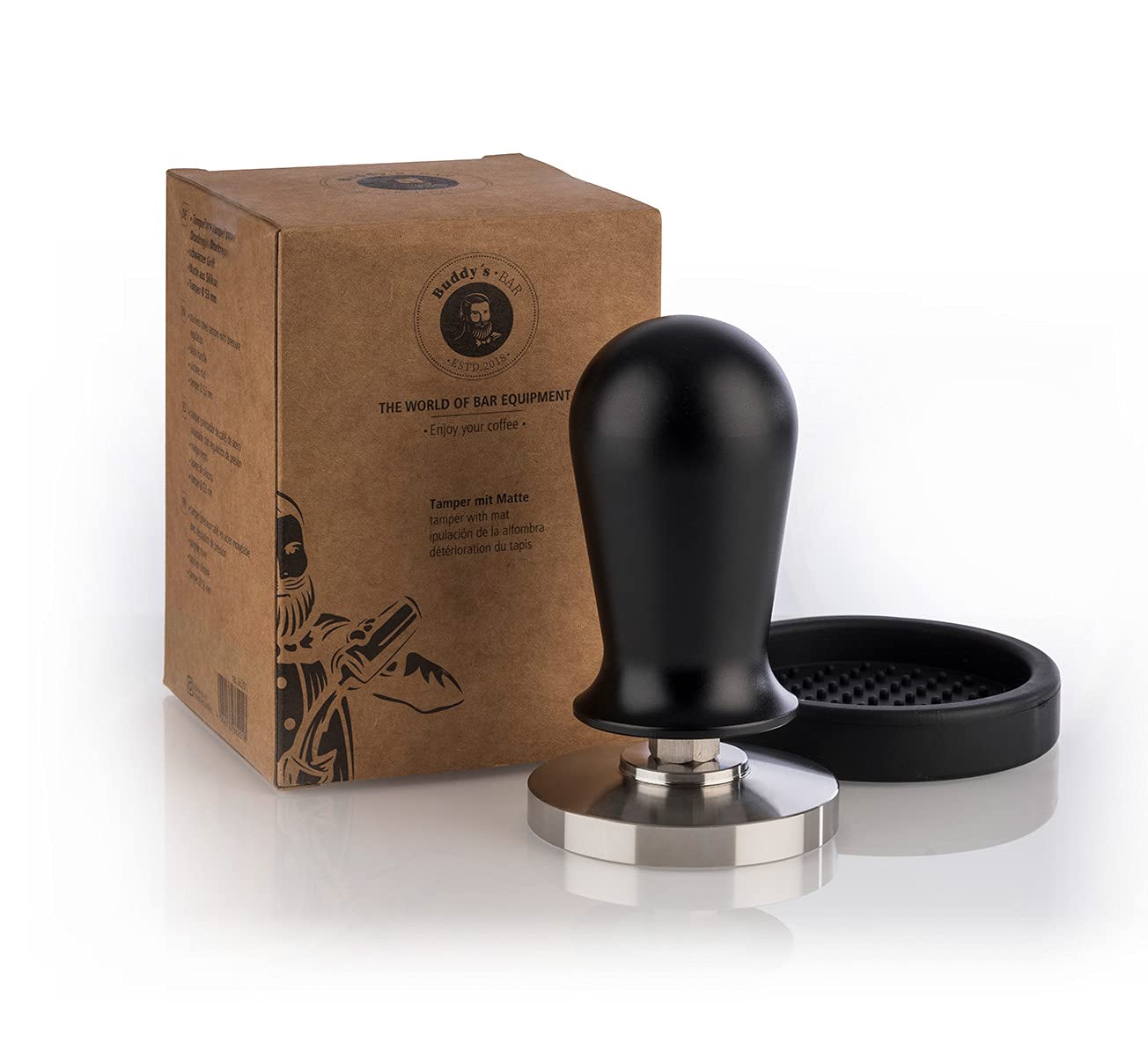 Buddy´s Bar - Barista Edition, premium tamper, koffiecompressor 58 mm basis, H: 10 cm, roestvrij staal, espressostempel voor 58 mm zeefdrager, koffiestamper met siliconenmat, zwart handvat