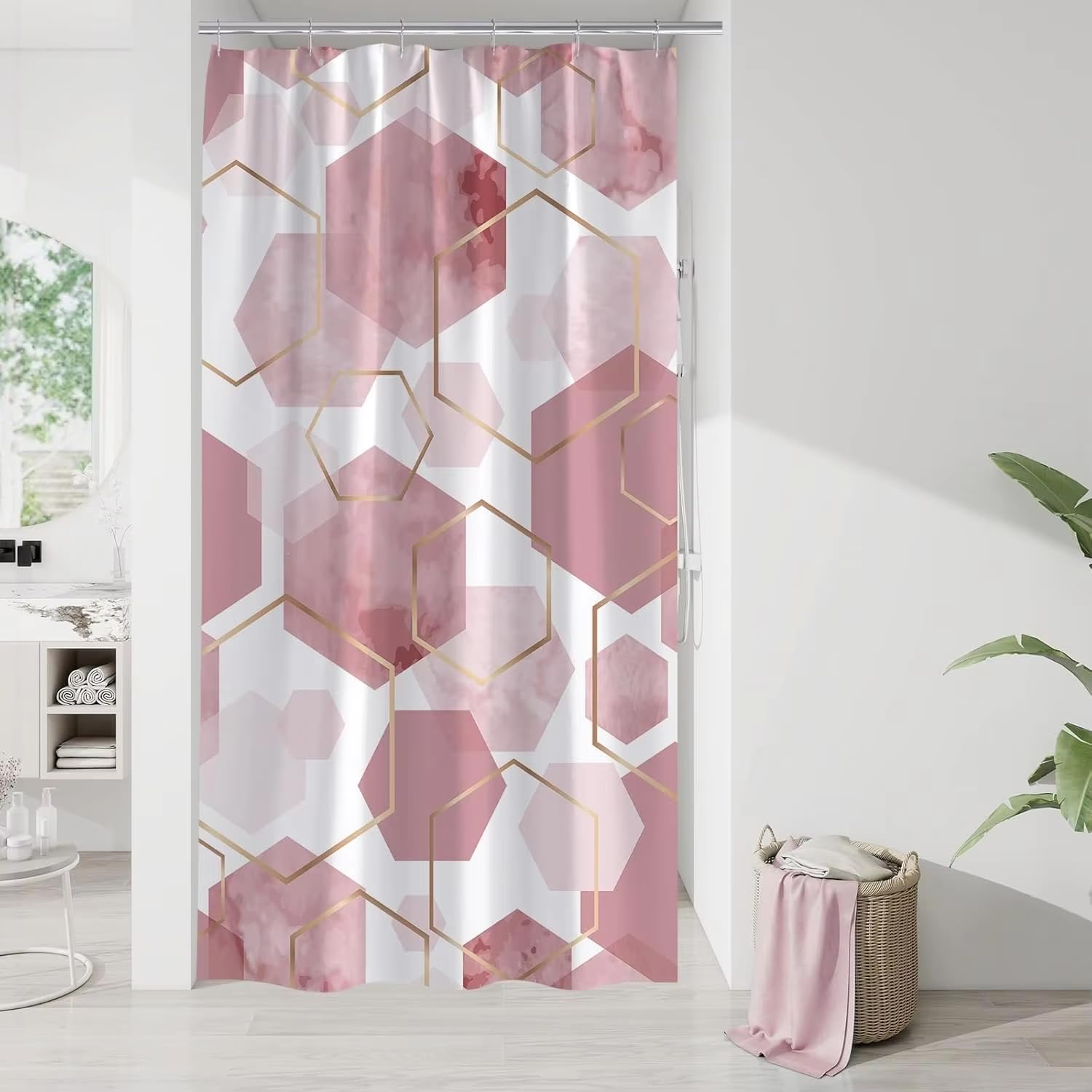 KELAIMI Geometric Shower Curtains,Gold Geometric Modern Luxury Polyester Bathroom Curtain - Waterproof Fabric Bathtub Curtain with Hooks Pink 180X180Cm