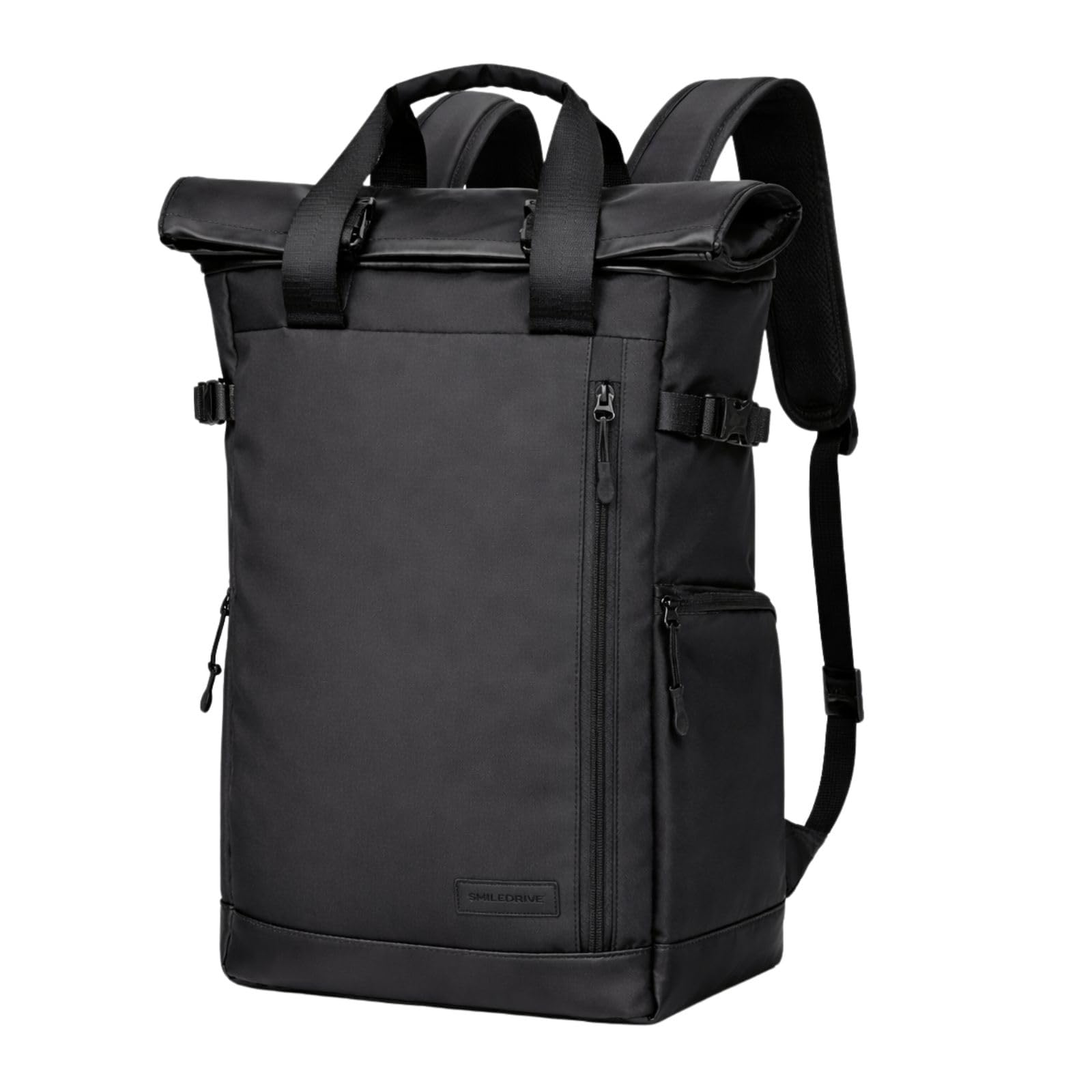 waterproof roll-top laptop backpack, black, oxford polyester, 20-25l expandable, anti-theft, padded 15.6" laptop compartment, travel college office bag