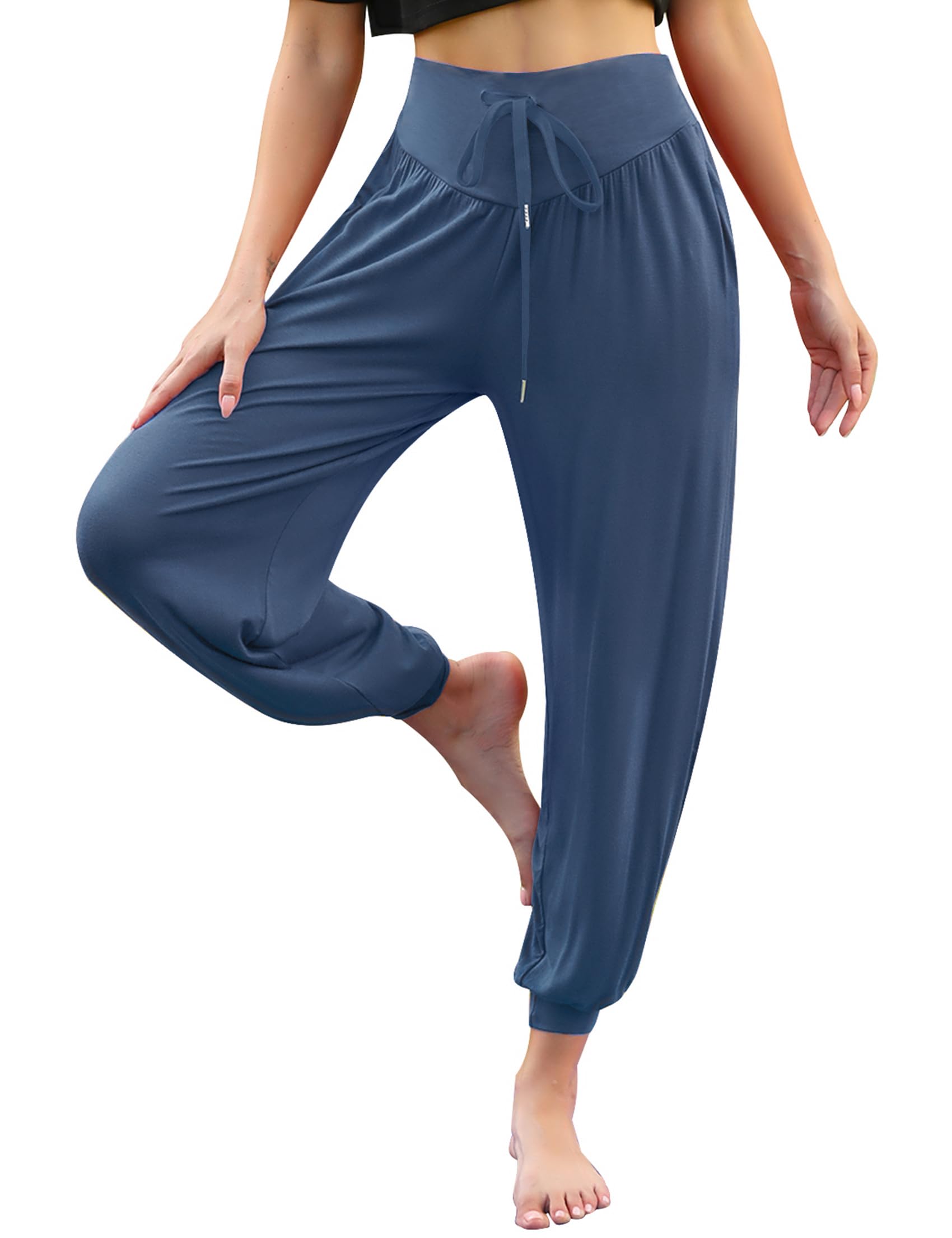 Terecey Yogahose Damen Lang Haremshose Sommer Leicht Pumphose Ballonhose Pluderhose Locker Freizeithose Jogginghose Yoga Hose mit Taschen S-XXL