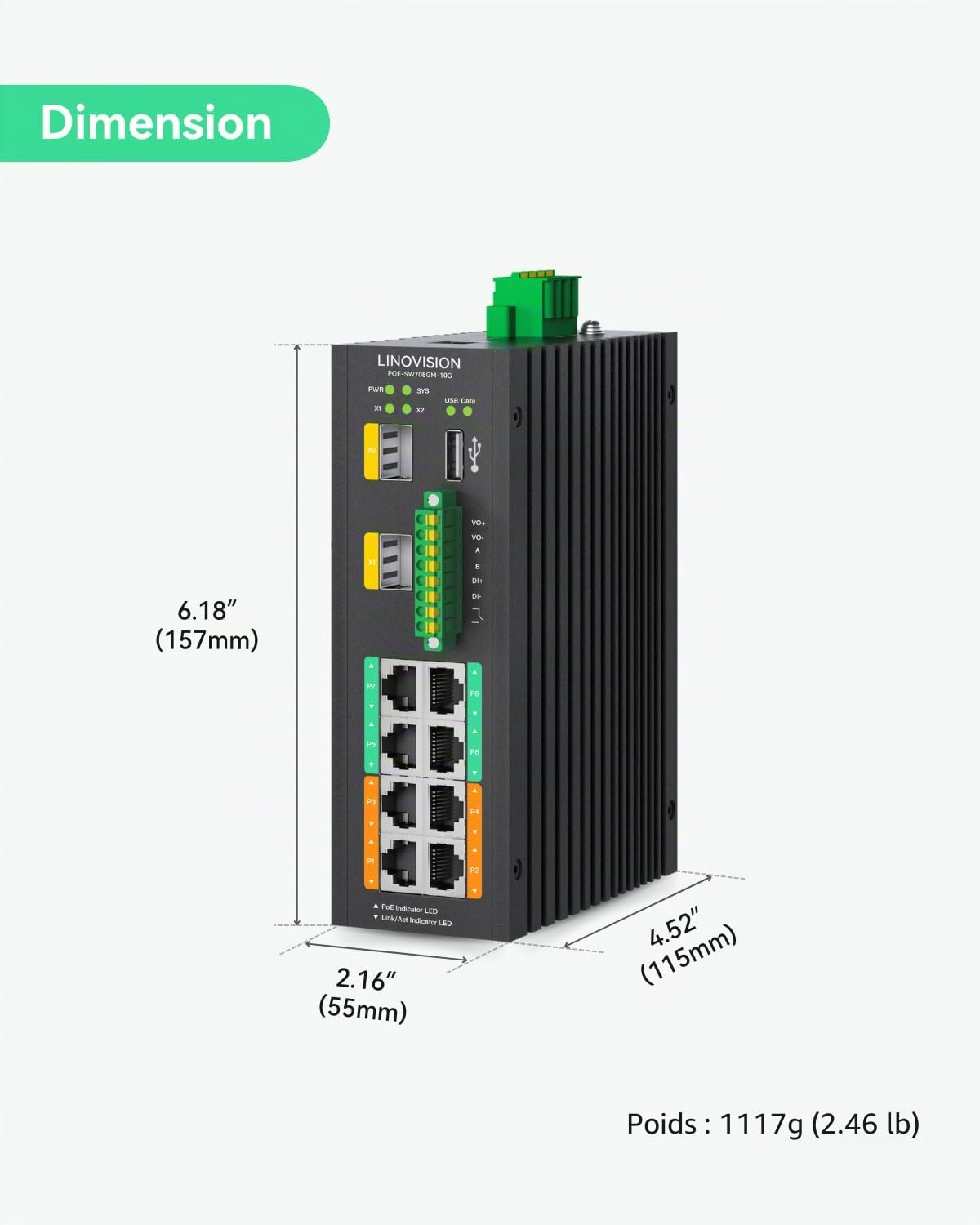 LINOVISION Switch PoE++ Géré Industriel 8 Ports avec 2 Ports Uplink SFP 10G et RS485 pour l'Automatisation Industrielle