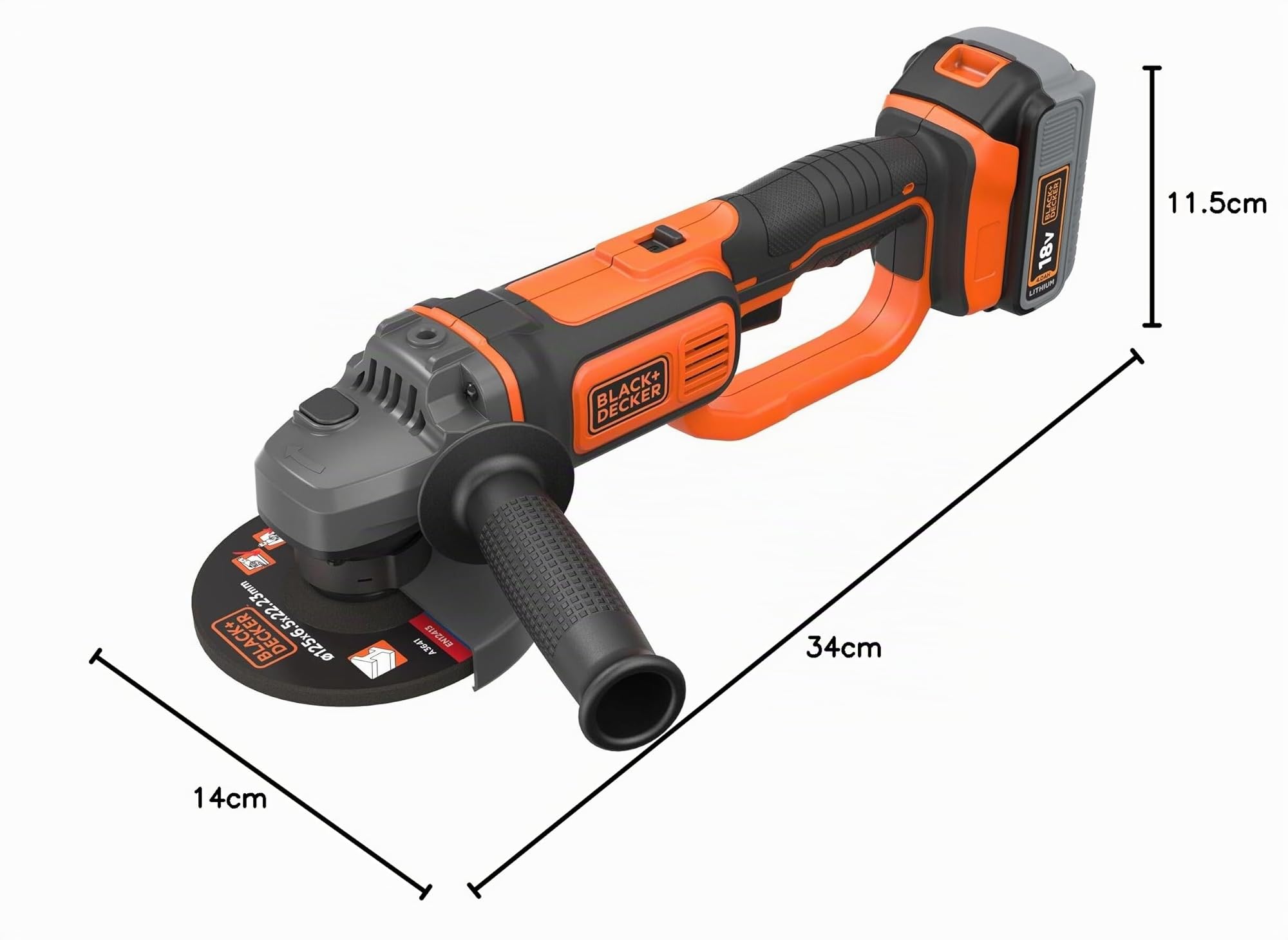 BLACK+DECKER Amoladora Angular 18V, Velocidad 8.600 rpm, Incluye disco 125mm, Arranque Suave, Empuñadura de 3 Posiciones, Sin Batería/Cargador, BCG720N-XJ