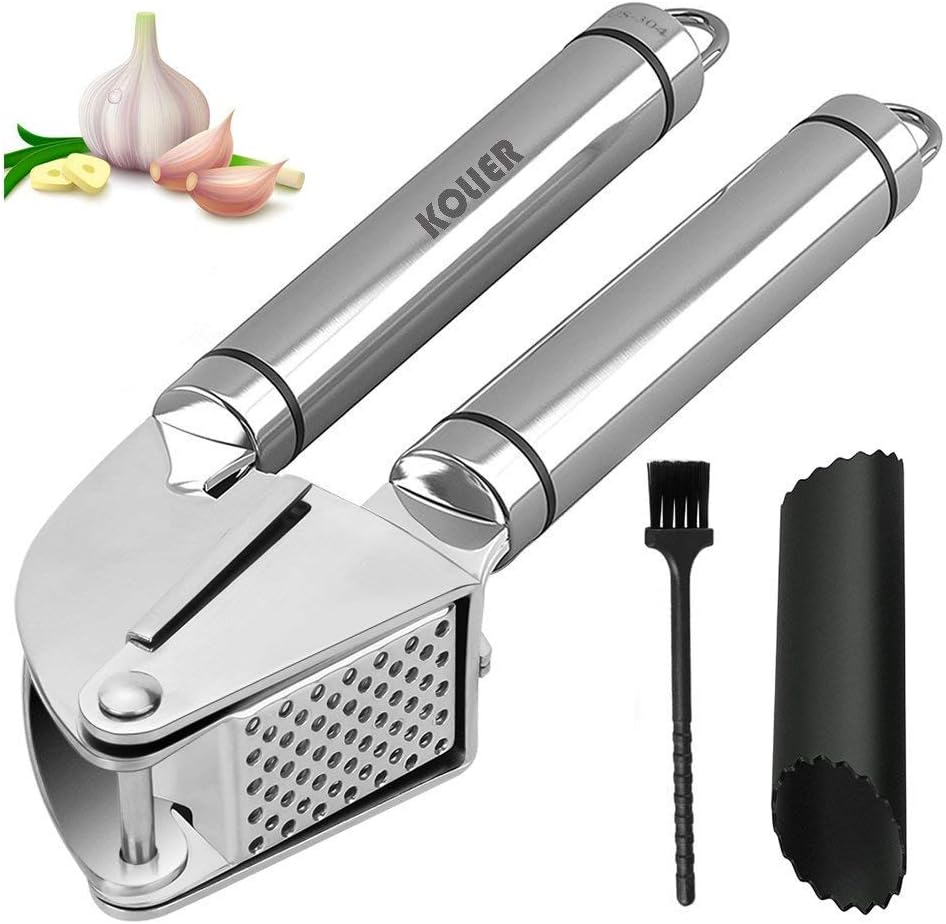 Garlic Press, KOLIER Stainless Steel Garlic Masher, Heavy Duty Garlic Crusher with Silicone Peeler